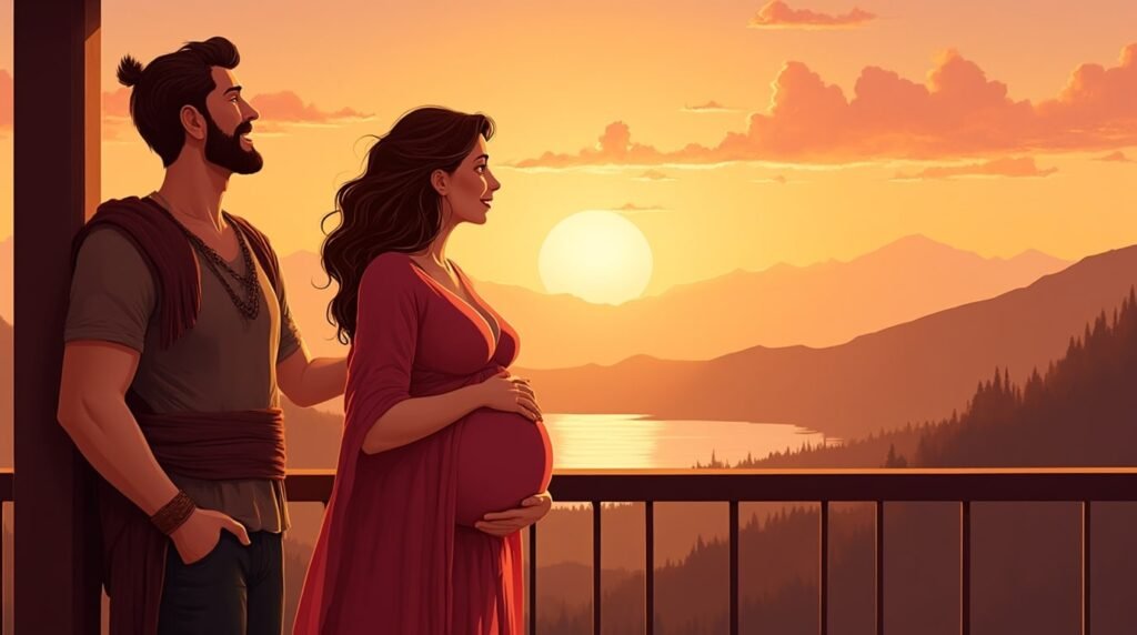 Une femme viking annonce avec émotion à son mari qu’elle est enceinte, depuis une terrasse en bois, surplombant un village viking traditionnel et la mer du Nord.