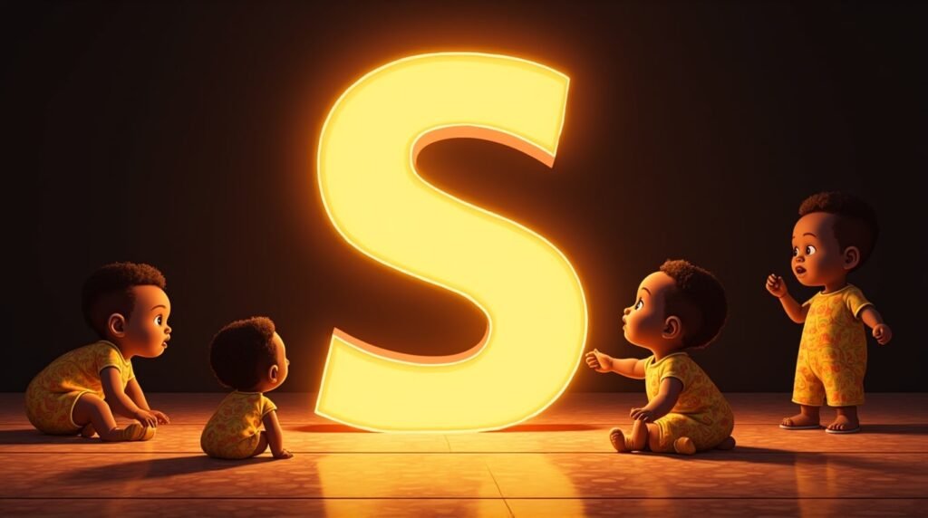 Des bébés africains et afro-descendants jouant ensemble autour d'une grande lettre néon orange "S", sur un sol décoré de motifs africains traditionnels, créant une ambiance festive et chaleureuse.