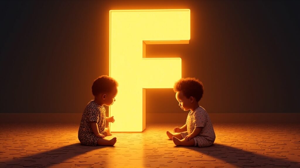 Des bébés africains et afro-descendants jouent ensemble autour d’une grande lettre néon orange "F", sur un sol orné de motifs africains, créant une ambiance chaleureuse et festive.