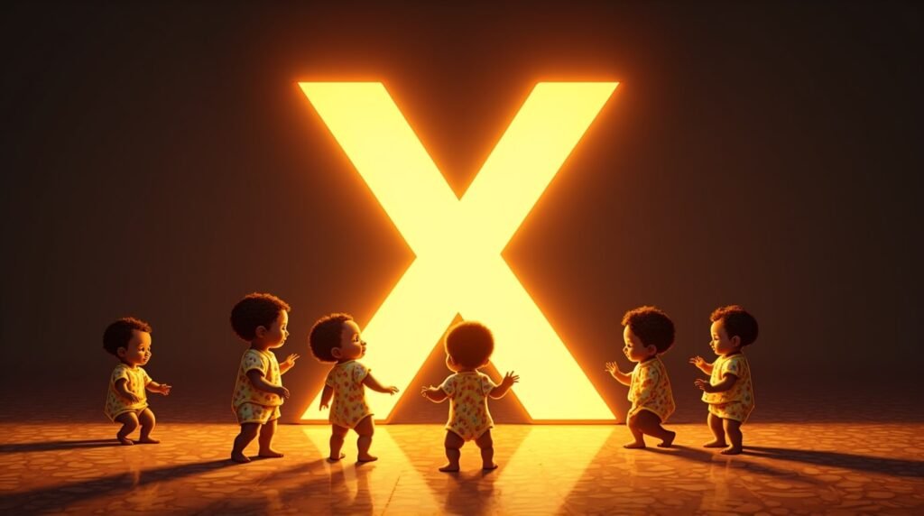 Des bébés africains et afro-descendants jouant ensemble autour d’une grande lettre néon orange "X", sur un sol décoré de motifs africains traditionnels, apportant une ambiance festive et chaleureuse.