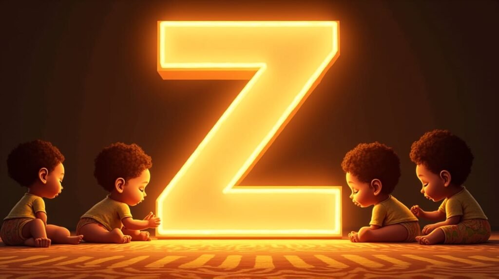 Des bébés africains et afro-descendants jouant ensemble autour d’une grande lettre néon orange "Z", sur un sol décoré de motifs africains traditionnels, créant une ambiance festive et chaleureuse.