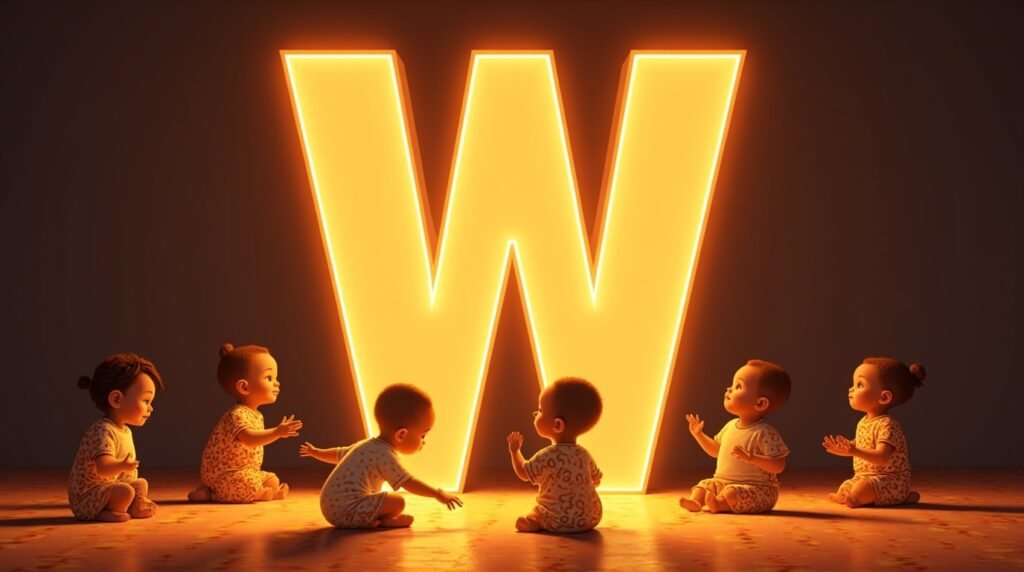Des bébés africains et afro-descendants jouant ensemble autour d’une grande lettre néon orange "W", sur un sol décoré de motifs africains traditionnels, créant une ambiance festive et chaleureuse.
