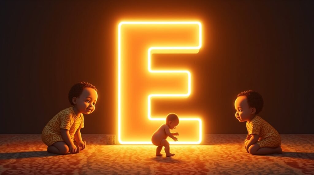 Des bébés africains et afro-descendants jouant ensemble autour d’une lettre néon orange géante "E", sur un sol décoré de motifs africains traditionnels et chaleureux.