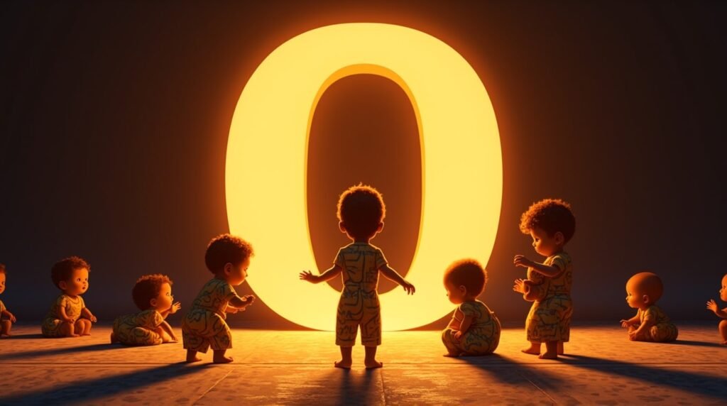 Des bébés africains et afro-descendants jouant ensemble autour d’une grande lettre néon orange "O", sur un sol orné de motifs africains traditionnels, créant une ambiance festive et chaleureuse.