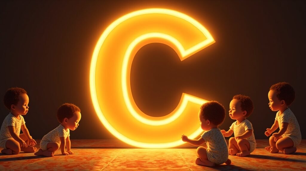Des bébés africains et afro-descendants jouant ensemble autour d’une grande lettre néon orange "C", sur un sol orné de motifs africains traditionnels, apportant une ambiance festive.