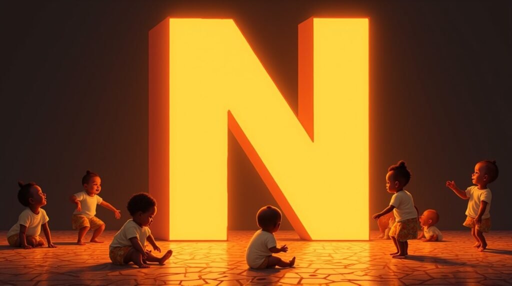 Des bébés africains et afro-descendants jouant ensemble autour d’une grande lettre néon orange "N", sur un sol décoré de motifs africains traditionnels, apportant une ambiance festive et chaleureuse.
