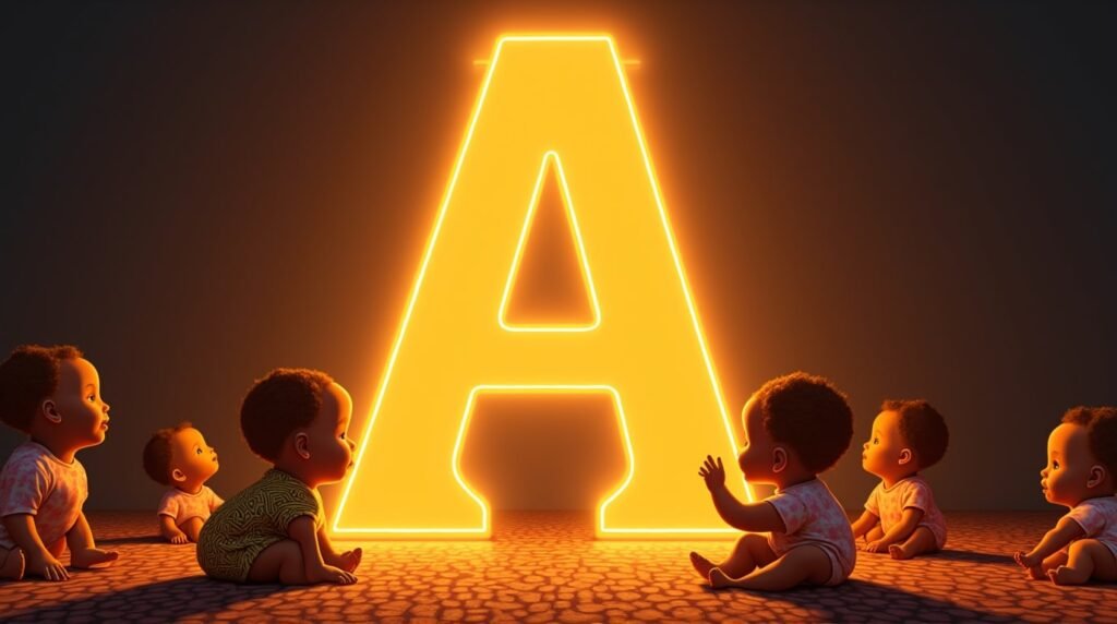 Des bébés africains et afro-descendants jouant ensemble autour d'un "A" néon orange géante, sur un sol décoré de motifs africains.