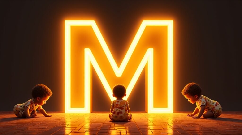 Des bébés africains et afro-descendants jouant ensemble autour d’une grande lettre néon orange "M", sur un sol décoré de motifs africains traditionnels, apportant une ambiance festive et chaleureuse.