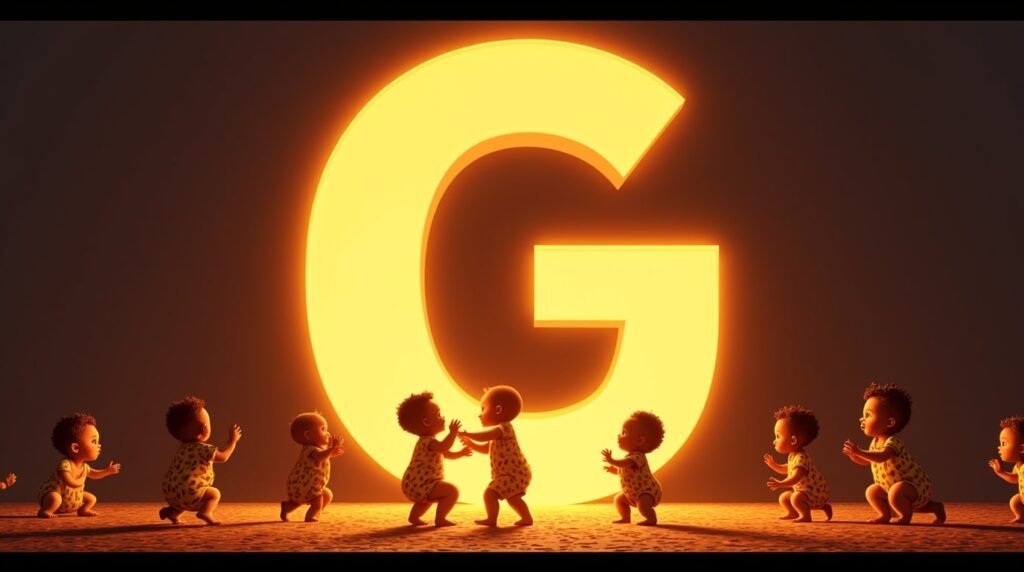 Des bébés africains et afro-descendants jouant ensemble autour d’une grande lettre néon orange "G", sur un sol décoré de motifs africains, créant une atmosphère festive et chaleureuse.