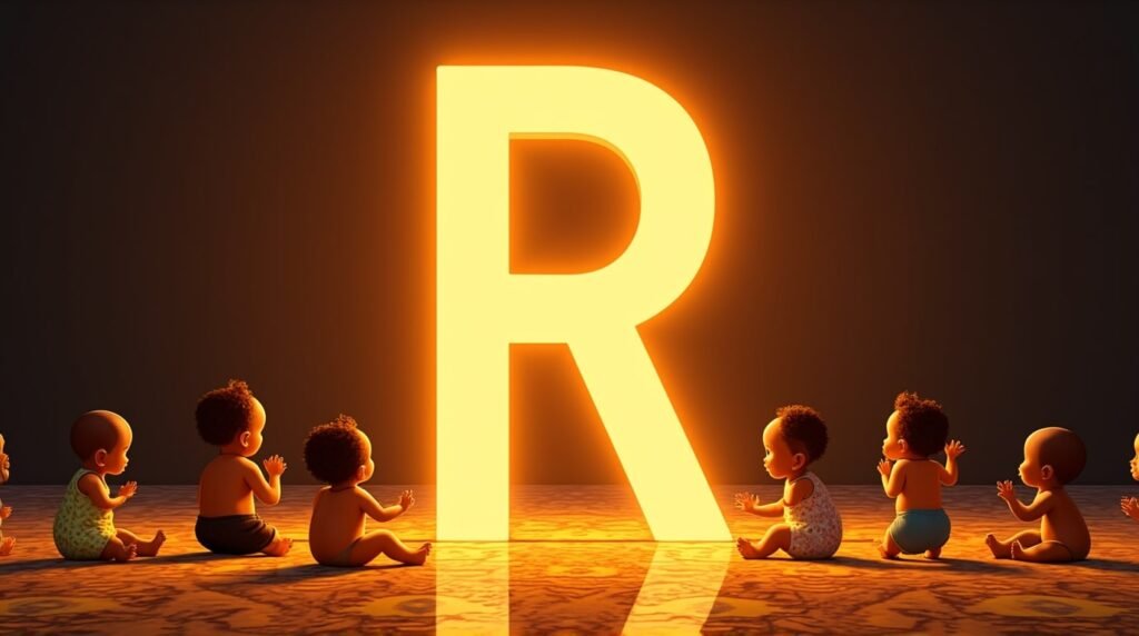 Des bébés africains et afro-descendants jouant ensemble autour d’une grande lettre néon orange "R", sur un sol décoré de motifs africains traditionnels, créant une ambiance festive et chaleureuse.