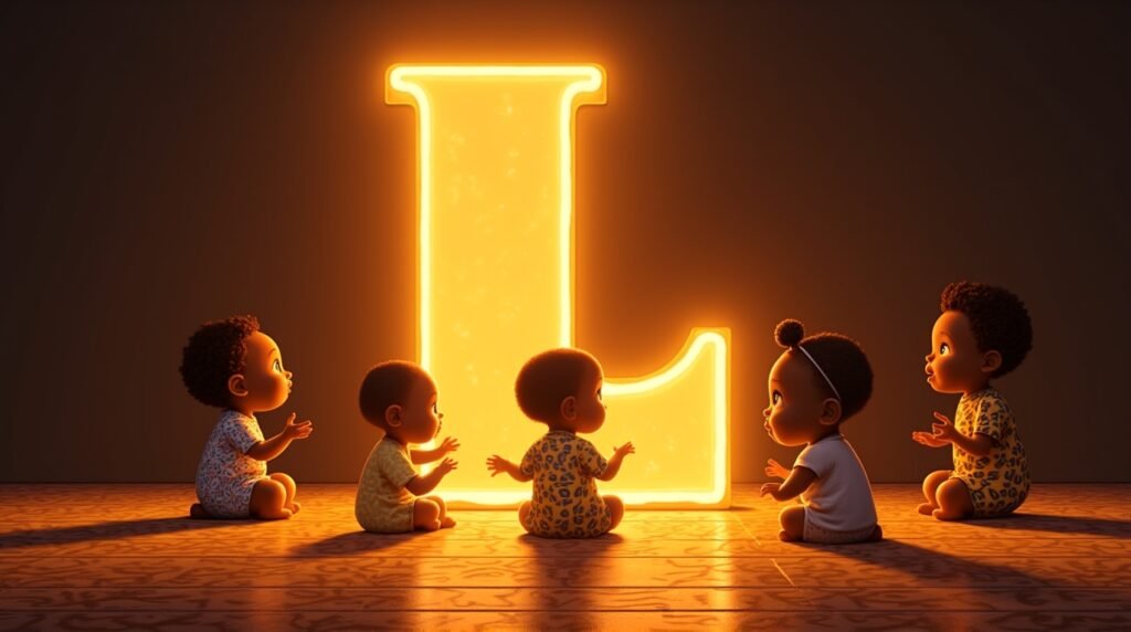 Des bébés africains et afro-descendants jouant ensemble autour d'une grande lettre néon orange "L", sur un sol décoré de motifs africains traditionnels, créant une ambiance festive et chaleureuse.