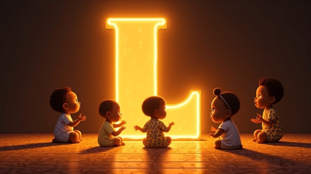Des bébés africains et afro-descendants jouant ensemble autour d'une grande lettre néon orange "L", sur un sol décoré de motifs africains traditionnels, créant une ambiance festive et chaleureuse.