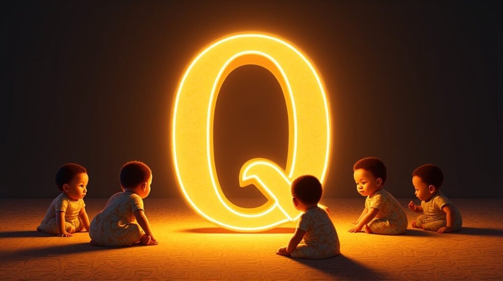 Des bébés africains et afro-descendants jouant ensemble autour d’une grande lettre néon orange "Q", sur un sol décoré de motifs africains traditionnels, créant une ambiance festive.