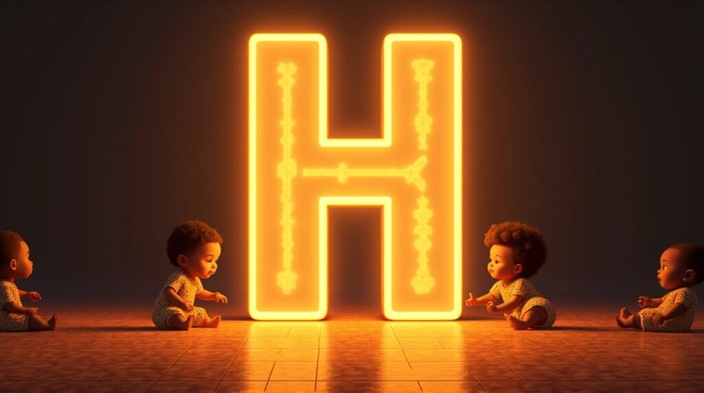 Des bébés africains et afro-descendants jouant ensemble autour d’une grande lettre néon orange "H", sur un sol orné de motifs africains traditionnels, créant une ambiance festive et chaleureuse.