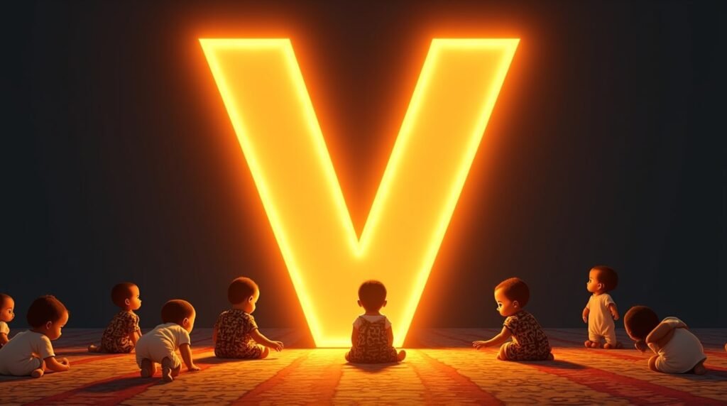 Des bébés africains et afro-descendants jouant ensemble autour d'une grande lettre néon orange "V", sur un sol orné de motifs africains traditionnels, apportant une ambiance festive et chaleureuse.