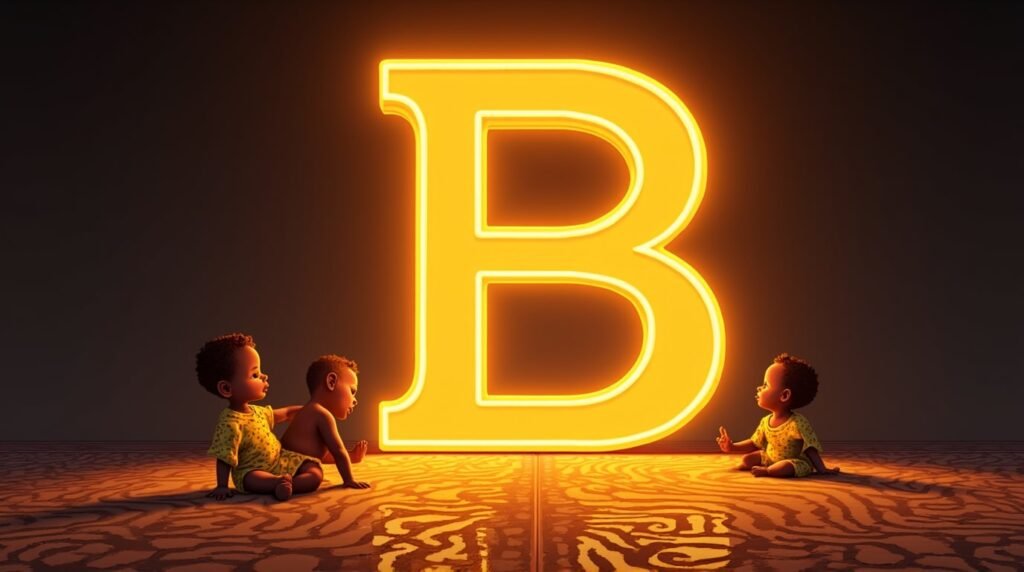 Des bébés africains et afro-descendants jouant ensemble autour d’une lettre néon orange géante "B", sur un sol décoré de motifs africains traditionnels.