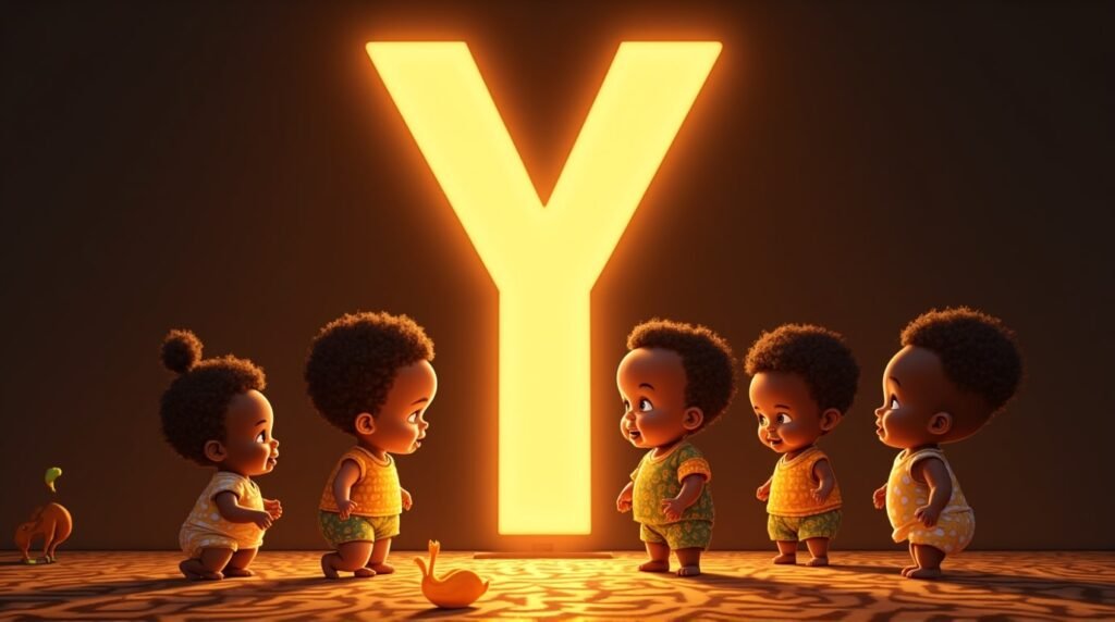 Des bébés africains et afro-descendants jouant ensemble autour d’une grande lettre néon orange "Y", sur un sol décoré de motifs africains traditionnels, créant une ambiance festive et chaleureuse.