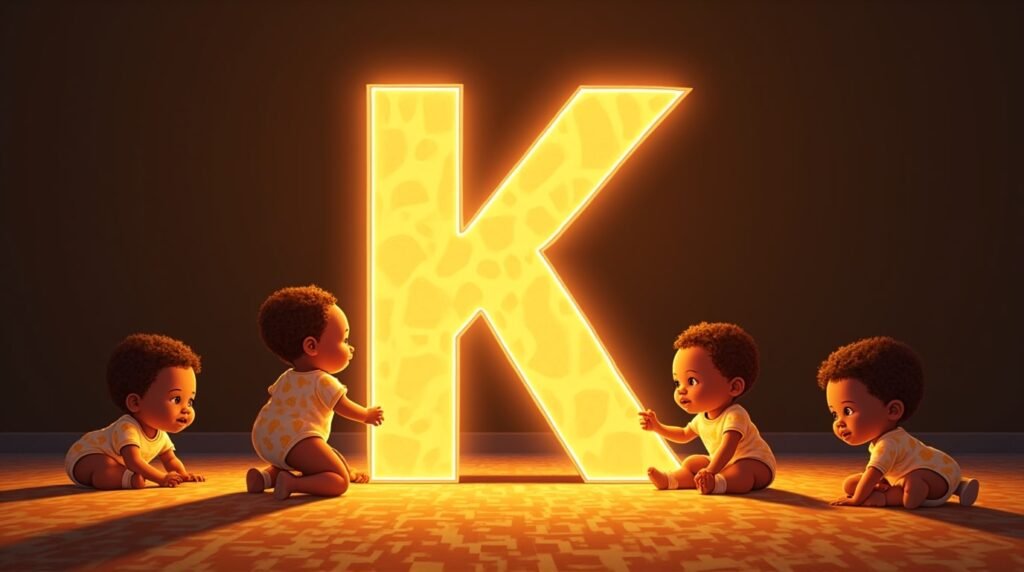 Des bébés africains et afro-descendants jouant ensemble autour d’une grande lettre néon orange "K", sur un sol orné de motifs africains traditionnels, créant une ambiance chaleureuse et festive.