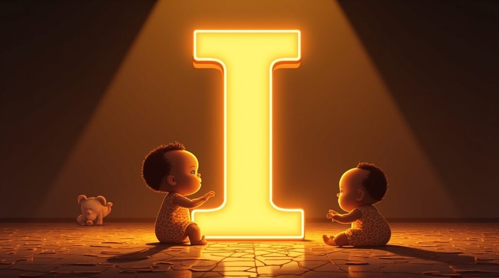 Des bébés africains et afro-descendants jouant ensemble autour d’une grande lettre néon orange "I", sur un sol décoré de motifs africains traditionnels, créant une atmosphère festive.
