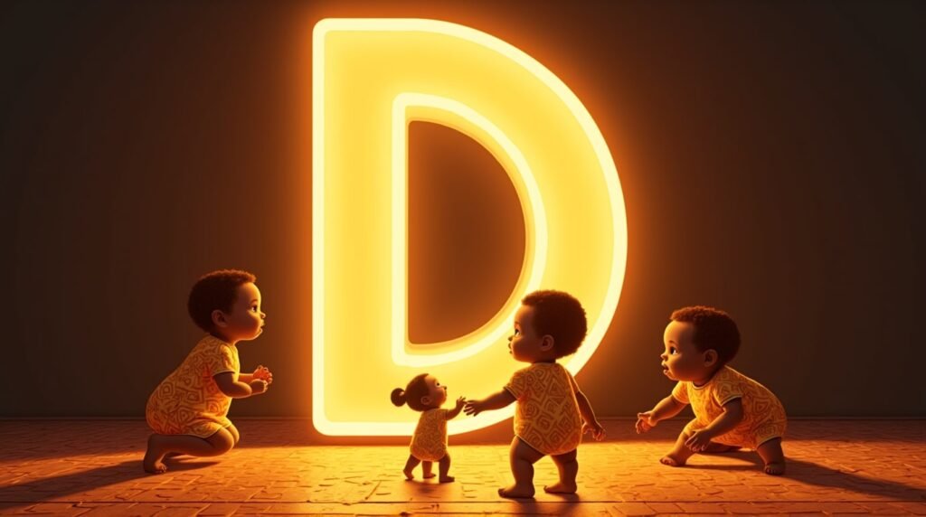 Des bébés africains et afro-descendants jouant ensemble autour d’une grande lettre néon orange "D", sur un sol orné de motifs africains traditionnels, baignant dans une atmosphère chaleureuse.