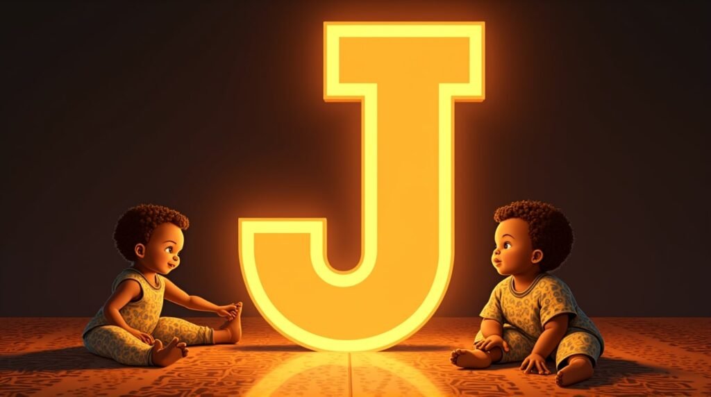 Des bébés africains et afro-descendants jouant ensemble autour d’une grande lettre néon orange "J", sur un sol décoré de motifs africains traditionnels, créant une ambiance chaleureuse et festive.