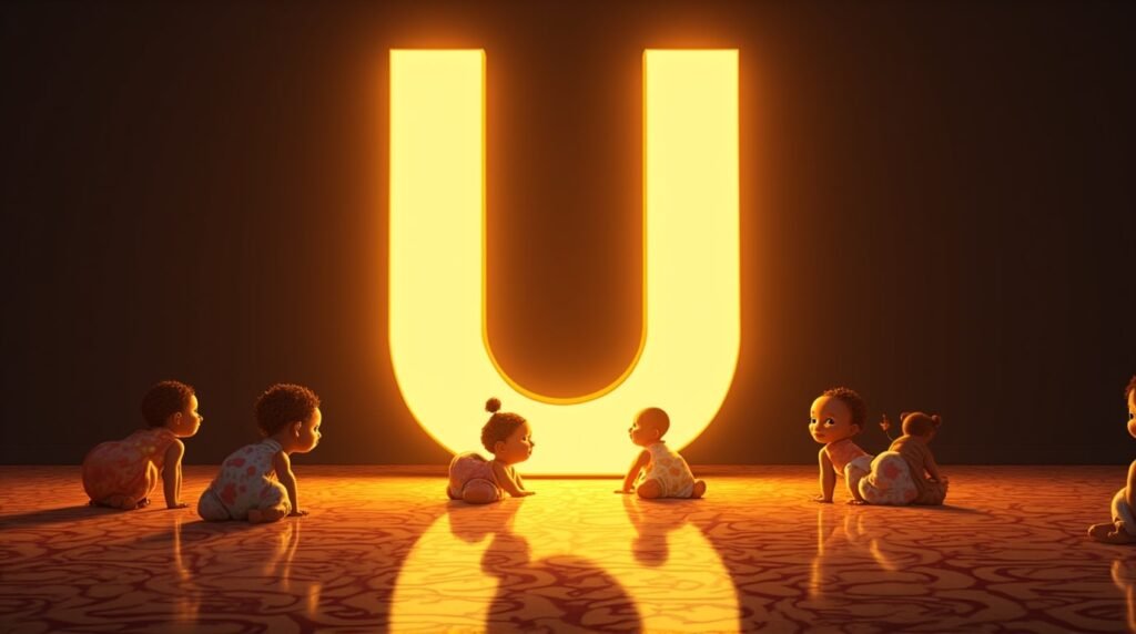 Des bébés africains et afro-descendants jouant ensemble autour d’une grande lettre néon orange "U", sur un sol orné de motifs africains traditionnels, créant une ambiance festive et chaleureuse.