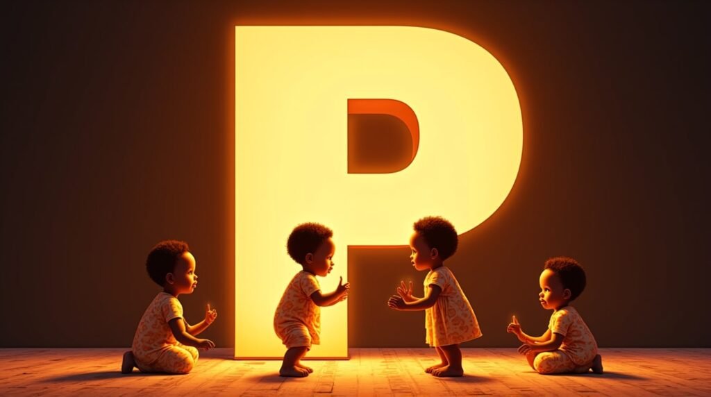 Des bébés africains et afro-descendants jouant ensemble autour d’une grande lettre néon orange "P", sur un sol orné de motifs africains traditionnels, apportant une ambiance chaleureuse et festive.