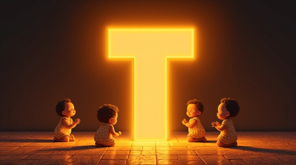 Des bébés africains et afro-descendants jouant ensemble autour d’une grande lettre néon orange "T", sur un sol orné de motifs africains traditionnels, créant une ambiance festive et chaleureuse.