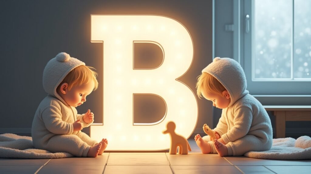 Des bébés jouant calmement avec des jouets en bois sculpté autour d’une grande lettre néon blanche "B", dans un cadre épuré de style nordique, baignant dans une lumière douce.