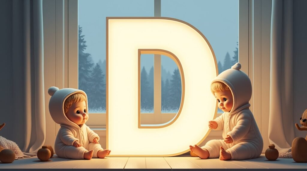 Des bébés jouant paisiblement avec des jouets en bois sculpté autour d’une grande lettre néon blanche "D", dans un cadre épuré de style nordique, baignant dans une lumière tamisée.
