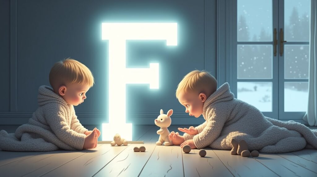 Dans un cadre épuré de style nordique, des bébés jouent paisiblement avec des jouets en bois sculpté autour d’une grande lettre néon blanche "F", baignant dans une lumière douce.