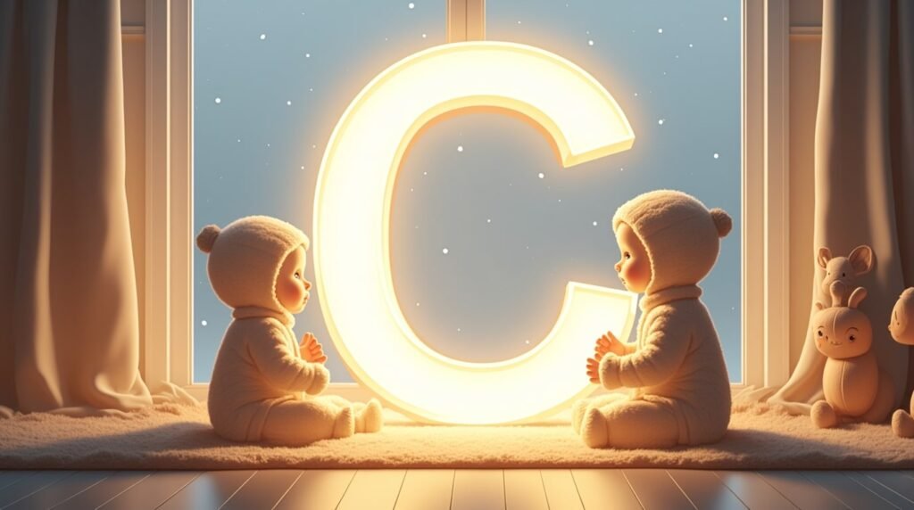 Des bébés jouant calmement avec des jouets en bois sculpté autour d’une grande lettre néon blanche "C", dans un cadre épuré de style nordique, baignant dans une lumière douce.