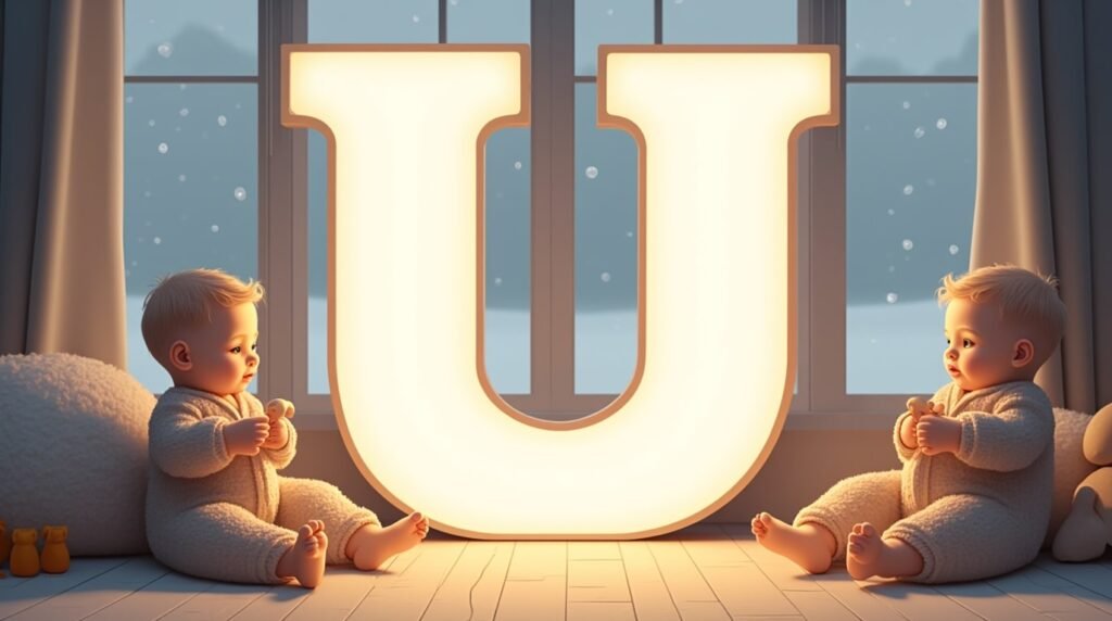 Des bébés jouant paisiblement avec des jouets en bois sculpté autour d’une grande lettre néon blanche "U", dans un cadre nordique épuré, baignant dans une lumière douce.