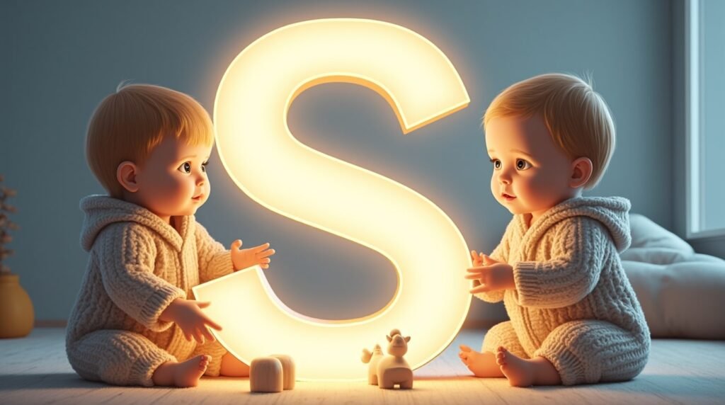 Des bébés jouant calmement avec des jouets en bois sculpté autour d'une grande lettre néon blanche "S", dans un décor minimaliste nordique, baignant dans une lumière tamisée.
