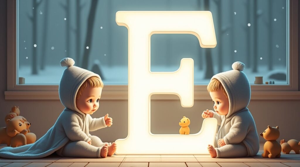 Des bébés jouant tranquillement avec des jouets en bois sculpté autour d’une grande lettre néon blanche "E", dans un cadre nordique épuré, baigné d’une lumière douce.