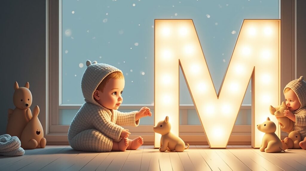 Des bébés jouant paisiblement avec des jouets en bois sculpté autour d’une grande lettre néon blanche "M", dans un cadre épuré de style nordique, baignant dans une lumière tamisée.