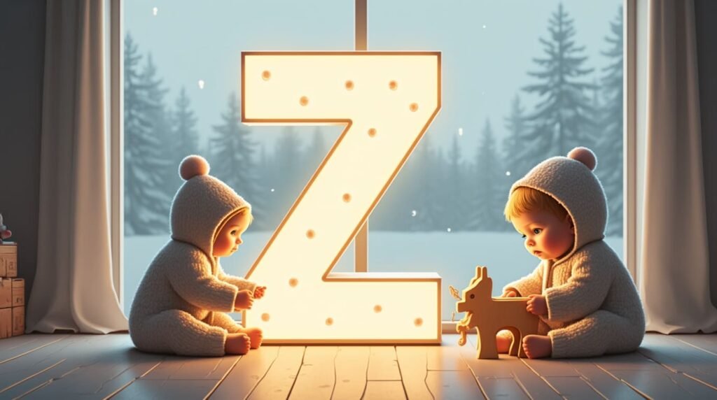 Des bébés jouant paisiblement avec des jouets en bois sculpté autour d’une grande lettre néon blanche "Z", dans un décor nordique épuré, baigné d’une lumière tamisée.