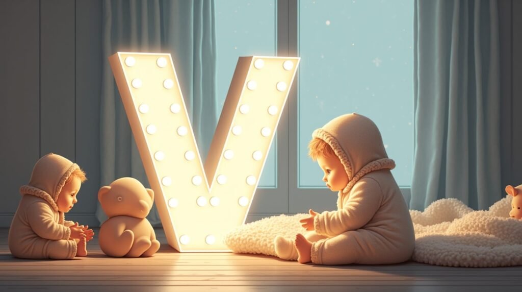 Des bébés jouant calmement avec des jouets en bois sculpté autour d'une grande lettre néon blanche "V", dans un cadre nordique épuré, baignant dans une lumière tamisée.