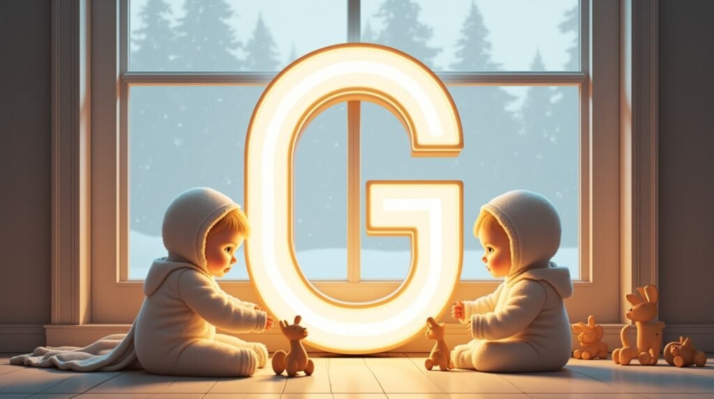Des bébés jouant paisiblement avec des jouets en bois sculpté autour d’une grande lettre néon blanche "G", dans un cadre minimaliste nordique, baigné d’une lumière douce et calme.