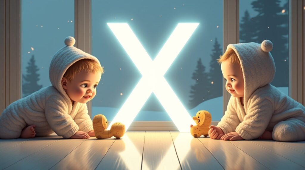 Des bébés jouant paisiblement avec des jouets en bois sculpté autour d’une grande lettre néon blanche "X", dans un cadre nordique épuré, baigné de lumière douce.