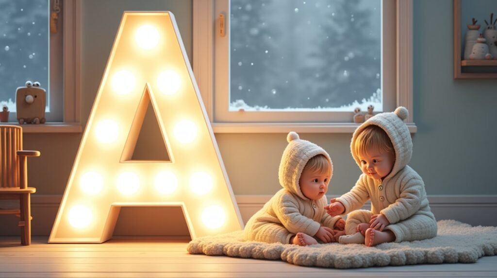 Des bébés jouant paisiblement avec des jouets en bois sculpté autour d’une grande lettre néon blanche "A", dans un cadre épuré inspiré du style nordique, baigné de lumière douce.