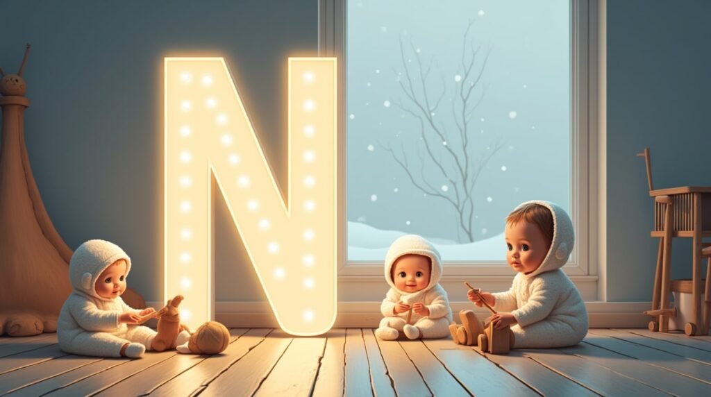 Des bébés jouant paisiblement avec des jouets en bois sculpté autour d’une grande lettre néon blanche "N", dans un cadre épuré de style nordique, baigné d’une lumière tamisée.