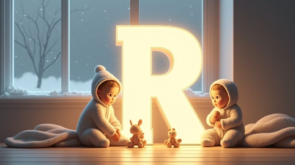 Des bébés jouant paisiblement avec des jouets en bois sculpté autour d’une grande lettre néon blanche "R", dans un cadre nordique épuré, baignant dans une lumière tamisée.
