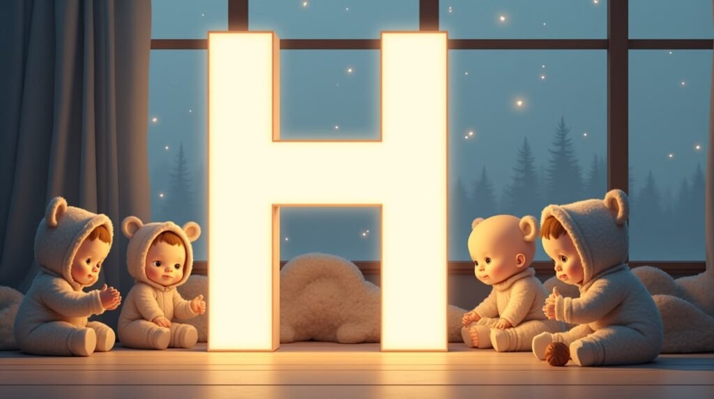Des bébés jouant calmement avec des jouets en bois sculpté autour d'une grande lettre néon blanche "H", dans un cadre épuré de style nordique, baignant dans une lumière douce.