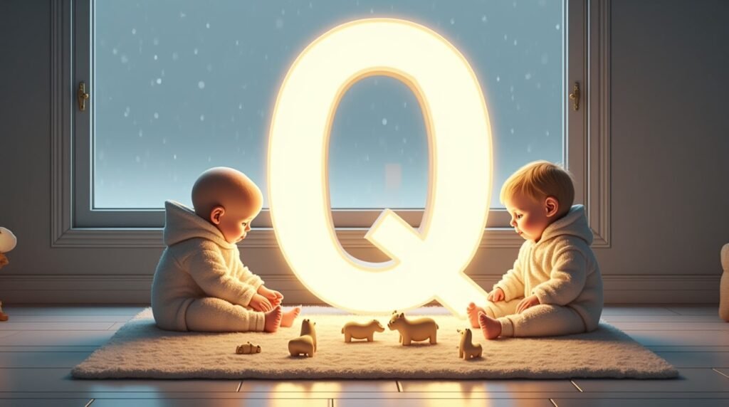 Des bébés jouant calmement avec des jouets en bois sculpté autour d’une grande lettre néon blanche "Q", dans un décor nordique épuré, baignant dans une lumière douce.
