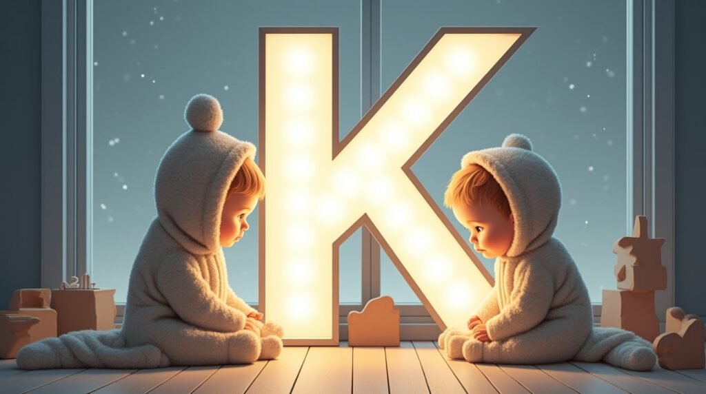 Des bébés jouant paisiblement avec des jouets en bois sculpté autour d’une grande lettre néon blanche "K", dans un cadre minimaliste nordique, baigné de lumière douce.