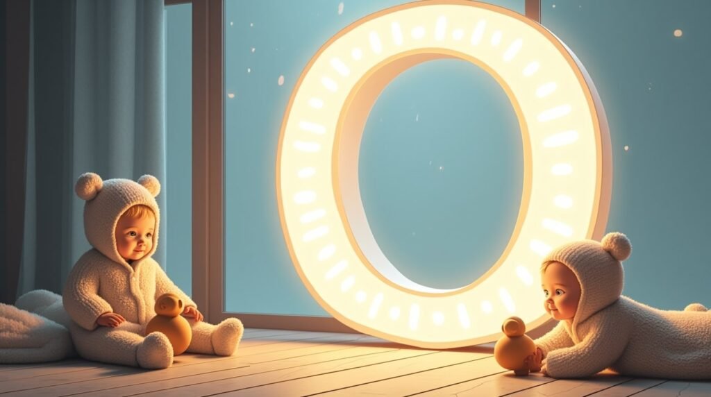 Des bébés jouant paisiblement avec des jouets en bois sculpté autour d’une grande lettre néon blanche "O", dans un cadre nordique épuré, baignant dans une lumière tamisée.