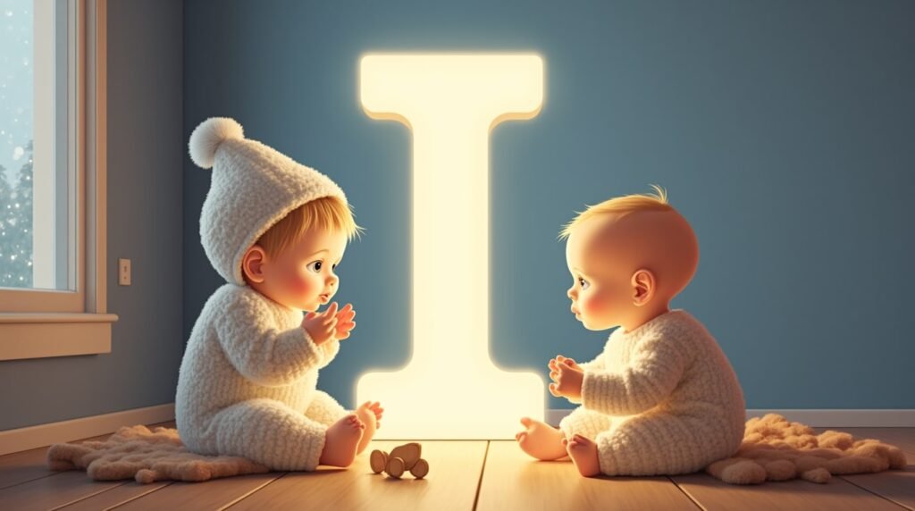 Des bébés jouant paisiblement avec des jouets en bois sculpté autour d’une grande lettre néon blanche "I", dans un cadre épuré de style nordique, baignant dans une lumière douce.