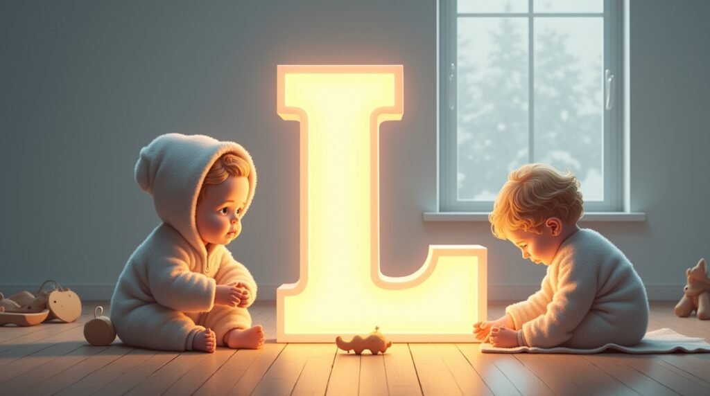 Des bébés jouant tranquillement avec des jouets en bois sculpté autour d’une grande lettre néon blanche "L", dans un cadre nordique épuré, baignant dans une lumière douce.
