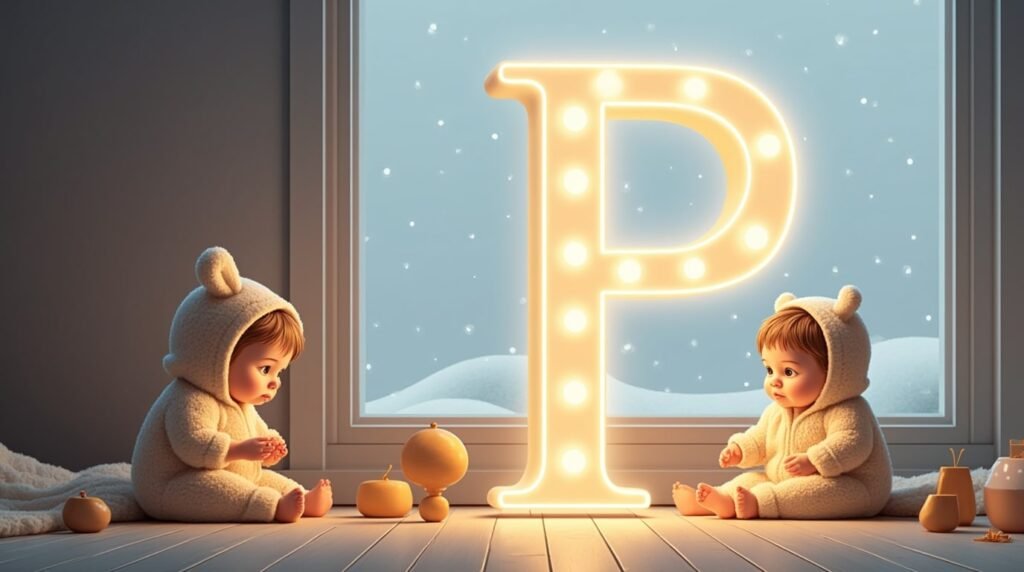 Des bébés jouant paisiblement avec des jouets en bois sculpté autour d’une grande lettre néon blanche "P", dans un cadre nordique épuré, baignant dans une lumière tamisée.